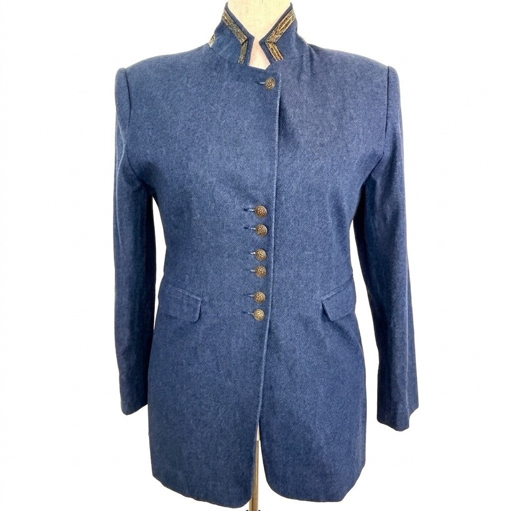 Vintage Women's Blue Jean Denim Military Style Jacket 10 Cotton Front Button Up